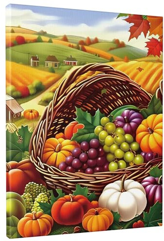 Autumn Harvest Canvas Wall Art, Orange Green Fruit Basket Poster Prints, Rustic Fall Aesthetic Decor for Living Room, Bedroom, Kitchen, Farmhouse, Framed 8x12 Inch