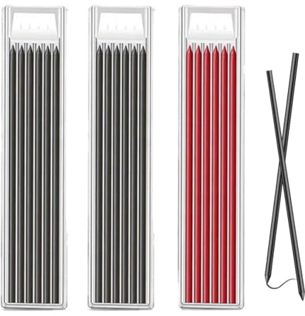 12 schwarze und 6 rote Bleistiftminen für Zimmermannsbleistift, Tischler Bleistift Ersatzminen, 2.8 mm Bleistift Ersatz, Solide Tieflochmarker Minen für Architekt Zeichnen Zimmerei Skizzen Schreiben