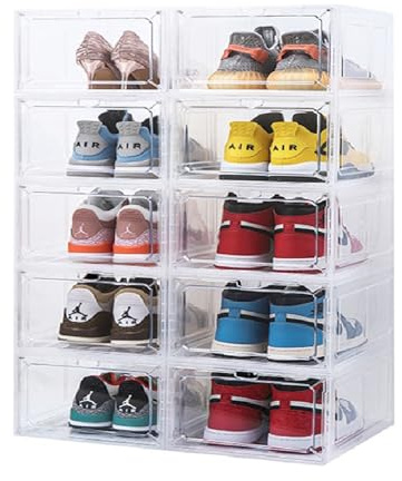 Ersozrin Large Shoe Organizer Stackable with Magnetic Door DVD/CD Storage 4pcs, Clear Shoe Boxes for Closet, Foldable Space-saving Shoe Rack