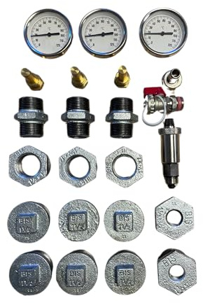 Pufferspeicher Anschlussset 4, 3 Steckthermometer 0-120°C, Entlüftungsventil, KFE-Hahn, Verzinkte Stopfen und Reduzierungen
