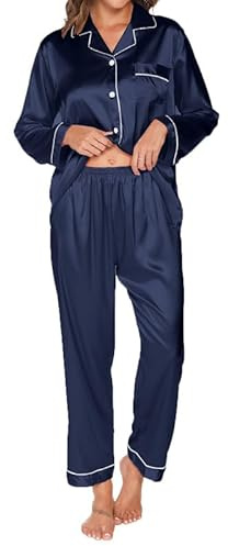 TeJoyce Dam satinpyjamas lång, tvådelad pyjamas kvinnor, set långärmad med knappar och matchande sovbyxor, lyx och elegant sidenpyjamas för natten S–XXL, Mörkblå, L