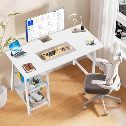 ROYHEN Escritorio con 2 estantes,Escritorio Blanco con 2 Estantes Regulables y Montaje Reversible,Mesa de Ordenador para Oficina en Casa, Estudio y Gaming, Blanco