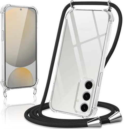 Coiwxmoi Coque avec Cordon pour Samsung Galaxy S24 FE, Collier Réglable Téléphone Étui Portable Lanyard Case Transparent Ultra Souple Silicone TPU Housse Antichoc Protection Cover, Noir