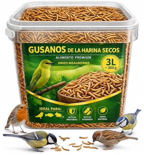 ALEJANDRO FUENTES® Torkade mjölmaskar 300g, 2,5L Foder för Vilda Fåglar Tenebrio Molitor 52% Protein, Naturligt Snack för Rödhake, Stärna och Igelkottar, Alternativt 100% Naturligt Grillmjöl