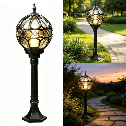 Mengjay Vintage Globe Garden Post Light, Classic Metal Pillar Lantern with Glass Shade, E27 Base Outdoor Bollard Lamp for Patio Pathway Driveway Entrance Yard (Bulb Not Included) (Black)