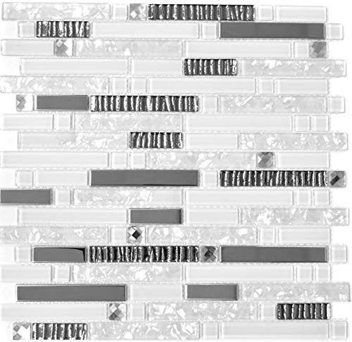 Mosaik Fliese Edelstahl weiß Stäbchen Glasmosaik Crystal Stahl weiß Glas für WAND BAD WC DUSCHE KÜCHE FLIESENSPIEGEL THEKENVERKLEIDUNG BADEWANNENVERKLEIDUNG Mosaikmatte Mosaikplatte