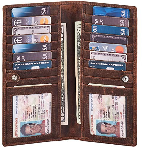 Long Wallet for Men Women Real Leather Bifold RFID Stylish Slim Handmade 2 ID Window Credit Card Holder in Gift Box (Cognac, Crazy Horse)