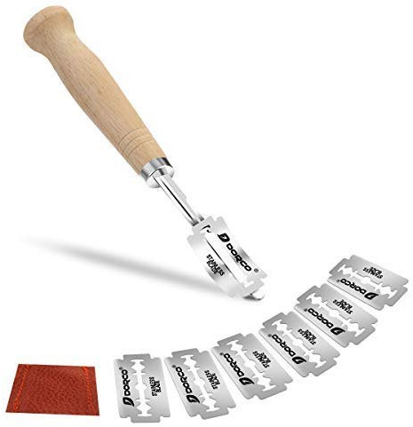 Bäckermesser, Baguettemesser,mit 5 PC Ersat Blättern,Teigmesser, Gebogene Brotmesser Edelstahl Brotmesser,Ritzmesser zum Einschneiden von Baguette, Brot oder Brötch mit Lederschutzhülle