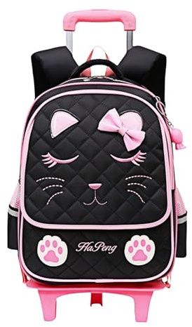 MITOWERMI Cute Rolling Backpack for Girls Trolley School Bags Cat-face Bowknot Girls Roller Backpacks with Wheels Kids Carry-on Travel Luggage Black-2 Wheels
