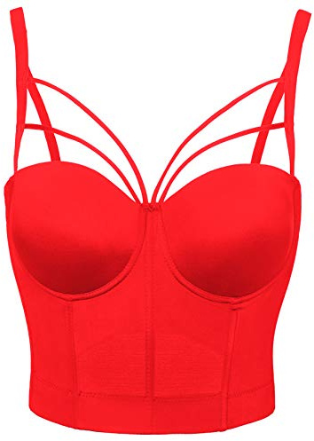 Woboren Mujer Corsé Bustier de Overbust Cierre con Cordones Sujetador de Encaje Bra Pechugón Crop top (Rojo, XS)