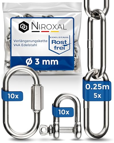 Edelstahl V4A (A4) Ketten Verlängerung 3 mm – 25 cm – 5 Ketten – inkl. 10 Schraubverbinder & 10 Schäkel – bis 350 kg