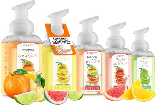 Foaming Hand Soap Pump - 5-PK - Moisturizing Hand Soap Foam with Aloe Vera & Essential Oils - Alcohol-Free Hand Wash in Citrus Blend, Lemon, Orange, Lime, Grapefruit Fragrances for Kitchen & Bathroom