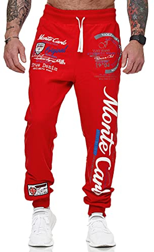 L.gonline herr joggingbyxor långa | sweatbyxor | 100 % bomull | mysiga sportbyxor | ribbade manschetter | fitness | dragsko | träningsbyxor | snäva benslut | Monte Carlo 592, röd/vit, 3XL