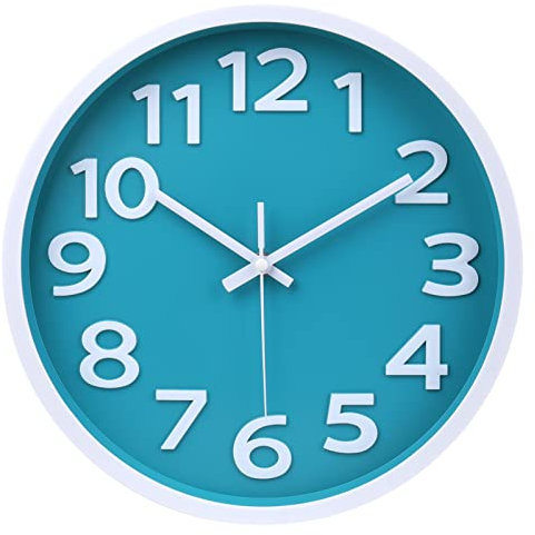 Crosstime 30cm Teal Wall Clock with Big Numbers Easy to Read - Silent Non-ticking Quartz Analog Round Turquoise Clocks,12 Inch