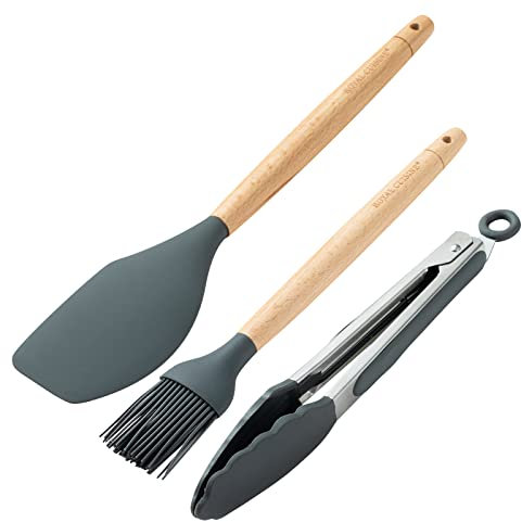 Royal Cuisine 3 pc Silicon Kitchen Set - Red, Tongs, Spatula, BBQ Brush, Wooden Handle & Heat Resistant Grey/Red
