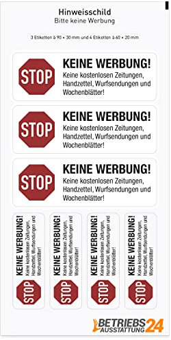 Stop Keine Werbung! Keine kostenlosen Zeitungen, Handzettel Aufkleber - PROTECT-Folie, selbstklebend - 3 Stk. 9,0 x 3,0 cm / 4 Stk. 6,0 x 2,0 cm - Kratz- & abriebfest - Farbe:weiß Für Innen & Außen