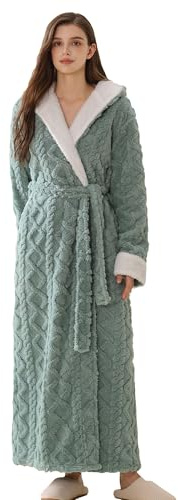 Damen Sherpa Fleece Hausmantel Weich Warm Kapuzenmantel Lang Fuzzy Hausmantel mit Kapuze, Grün , X-Large