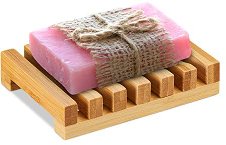 Relaxdays Seifenablage Bambus 2er Set, mit Gitter, Natur | Seifenhalter Stückseife, BxT 11,5 x 8,5 cm