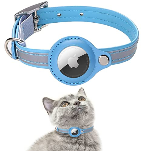 AgoumLux Airtag Katzenhalsband Reflektierend Air Tag Katze Halsband Leder für GPS Tracker Integriertes Verstellbarer Collar, Blau, S