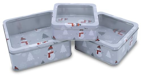 Spetebo Metall Gebäckdose mit Sichtfenster 3er Set eckig - 21/17 / 15 cm - Weihnachts Plätzchen Vorratsdose mit Schneemann Motiv - Keksdose Plätzchendose Aufbewahrung Geschenkbox
