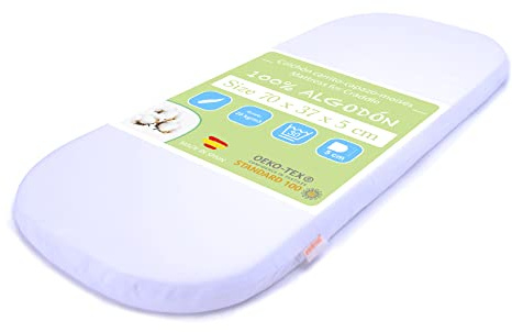 PEKITAS Colchón Ovalado Transpirable Capazo Moises Carrito 70x37x5 cm Funda 100% Algodón Blanco Firme