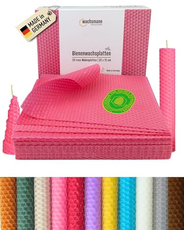 Wachsmann - 20 lastre in cera d'api dalla Germania, rosa, lastre di cera 20 x 15 cm, per fare candele di cera d'api, cera per candele