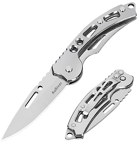 AuRiver 2 Cuchillos Navaja Plegable Pequeña, Navaja de Bolsillo, Navaja de Bolsillo con Cuchillo Plegable, Mini EDC Navaja de Dos Manos para Outdoor, Camping,Supervivencia (Plata)