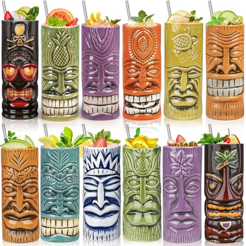 SuproBarware Tiki Tassen Set von 12 – Große Cocktail-Tiki-Gläser, hawaiianische Party, niedliche exotische Cocktailgläser, hawaiianische Keramiktasse