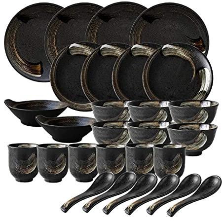 DREANNI Set per la Cena, Set Di Stoviglie in Ceramica, Set per Cena in Porcellana Retrò in Stile Giapponese 28 Pezzi/Piatti e Scodelle in Oro Nero per il Ristorante e la Cassaforte a Microonde