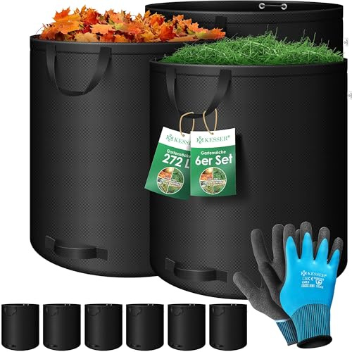 KESSER® Set de sacos para jardín, Saco para residuos de jardín incl. guantes, 4 asas, estable/robusto/plegable - Sacos para hojas, 272 l (6er Pack) / Negro