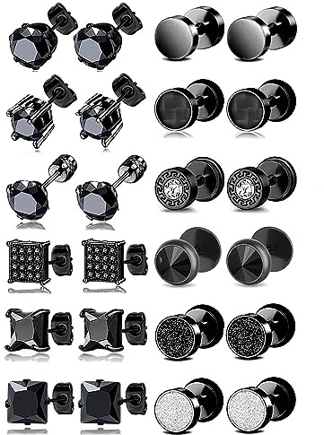 Ofeiyaa 12 Pairs Stainless Steel Stud Earrings Cubic Zirconia Cartilage Barbell Earring Set for Women Men Black Silve Plated 8mm