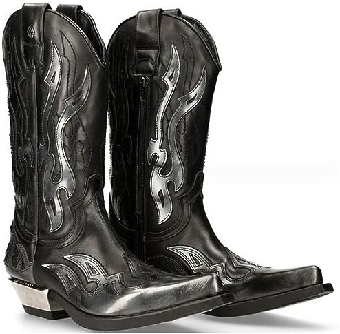 PU Bottes en Cuir Vintage Western Cowboy Bottes Broderie Biker Bottes Slip sur Casual Chaussures Bottes à Bout Pointu,Noir,40