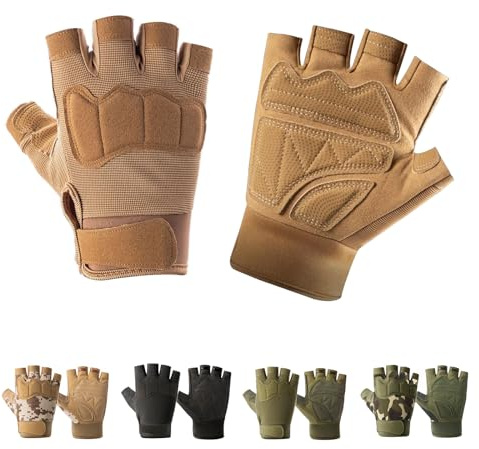 CubePlug Herr andningsbara vadderade fingerlösa motorcykelhandskar halvfingerhandskar för cykling vandring klättring utomhussport (Camo Tan, L)