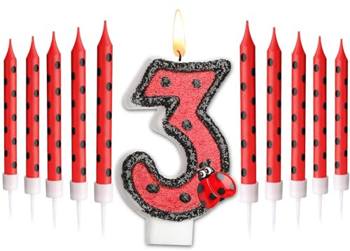 Herdear Marienkäfer Nummer 1-9 Geburtstag Kuchenkerze Ziffern Geburtstagskerzen Geburtstagsdeko Schwarz Rot Marienkäfer Punkt Tortenkerzen Marienkäfer Kerzen für 3. Geburtstag Baby Party (Nummer 3)