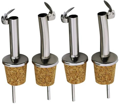 Pack of 4 Stainless Steel & Cork Olive Oil Pourer & Drizzler with Hinged Flip Top Cap Ideal for Wine, Liquor, Coffee, Syrup & Vinegar Dispenser/Bottles