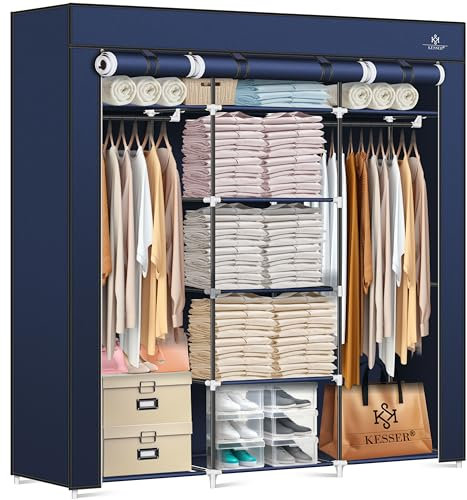 KESSER® Kleiderschrank Stoffschrank Stabil mit Kleiderstange & Ablagen, Inkl. 5X Kleiderbügel, Stoff Faltschrank für Schlafzimmer, Ankleidezimmer Garderobe mit Kleiderständer 150x45x175cm Navyblau
