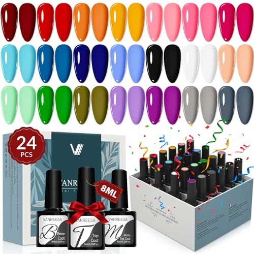 VANREESA 24 PCS Gel Nail Polish Set Spring Summer Colours Gel Polish Set with Base and Top Coat Red Pink Green Blue Nail Varnish Nail Art Set Gifts for Women