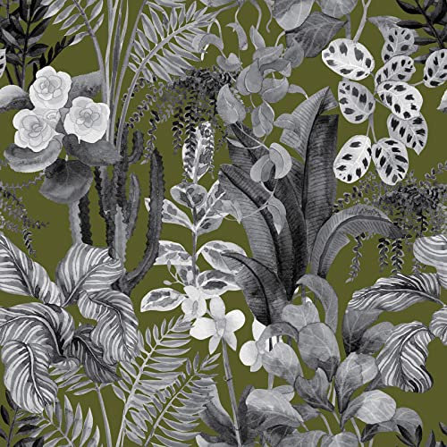 VEELIKE Tapete Blumen Grau Grün Blumentapete Vintage Tapete Blätter Grau Tropische Tapete Selbstklebend Blumen Fototapete Schlafzimmer Tapeten Wohnzimmer Muster Möbelfolie Badezimmer 44.5cm×300cm