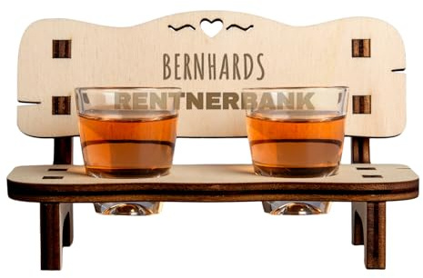 Schnapsbank zur Rente - Rentnerbank I Personalisiertes Geschenk aus Holz | mit Wunschnamen graviert I Kreative Geschenkidee zum Ruhestand I Inklusive 2 Shotgläsern I Schnapsbankerl