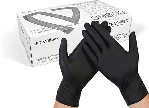 NYTRASHIELD Ultra Black Nitrile Gloves - Multi-Purpose Examination Gloves, Powder free and Latex Free Disposable Gloves –Medical, Food Grade Multi-Use Gloves - Box of 100 Gloves (Ultra Black, M)