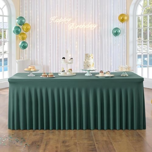1 confezione Tovaglia rettangolare in spandex verde cacciatore 1,8 m con gonna, tovaglia elasticizzata senza pieghe per tavolo rettangolare da 1,8 m, gonne da tavolo elastiche e arricciate per
