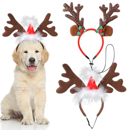 QKURT Haustier Stirnband Weihnachten, Rentier Geweih Stirnband mit Weihnachtsmütze, Hund Katzen Elch Geweih Stirnbänder Set, Verstellbare Kopfschmuck mit Weihnachtsmütze für Kleine und Mittelgroße