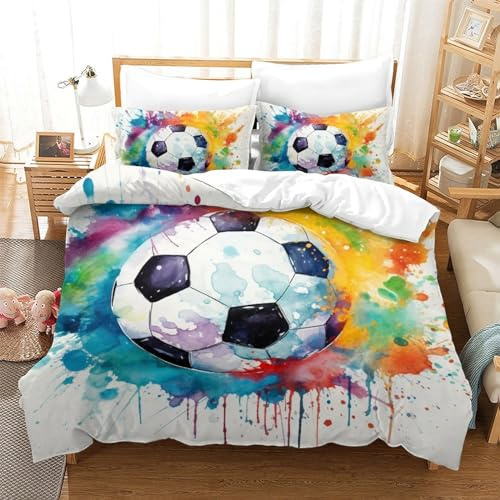 Juego De Ropa De Cama De 3 Piezas Juvenil Fútbol 3D Juegos De Fundas Nórdica con Cremallera para Funda Nórdica + Funda De Almohada Double（200x200cm）