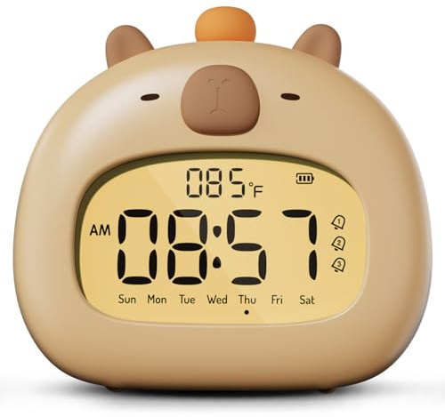 IHALO Capibara Barnväckarklocka, sängbord med nattljus, digital LED-display, 3,15 tum, tre larm, helgläge, datum, tid, temperatur, uppladdningsbar, rumsdekoration för barn