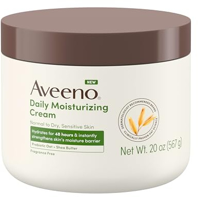 Aveeno Daily Moisturizing Cream with Prebiotic Oat & Shea Butter for Body, Face & Hands Moisturizer Cream, Hydrates Normal to Dry, Sensitive Skin, Fragrance Free, Non-Comedogenic, 20 oz