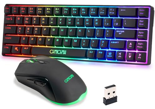 CHONCHOW - Combo de teclado y mouse para juegos 60% inalámbrico, retroiluminado LED recargable de 2000 mAh, portátil de 68 teclas, impermeable, pequeño y compacto teclado para PC/Mac Gamer