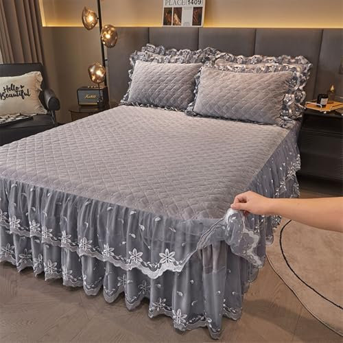 Homxi Spannbetttuch Einzelbett für Boxspringbett und 2 Kissenbezüge,200 x 220 cm,Matratzenbezug Doppelbett Samt Einfarbige Farbe mit Gesticktem Spitzenmuster Bettlaken mit Einzelbett Silber Grau