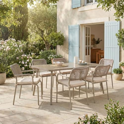 IDIMEX Gartenmöbel Set VOLONTE 1 Tisch 6 Stühle, Champagner – Wetterfeste Sitzgruppe mit Glasplatte & Rope-Bespannung für Garten Terrasse Balkon