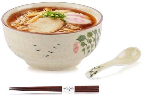Japanische Ramen Keramikschüssel Set mit Essstäbchen und Löffel 580ml Große Suppen Nudel Udon Salatschüsseln für Ramen Liebhaber