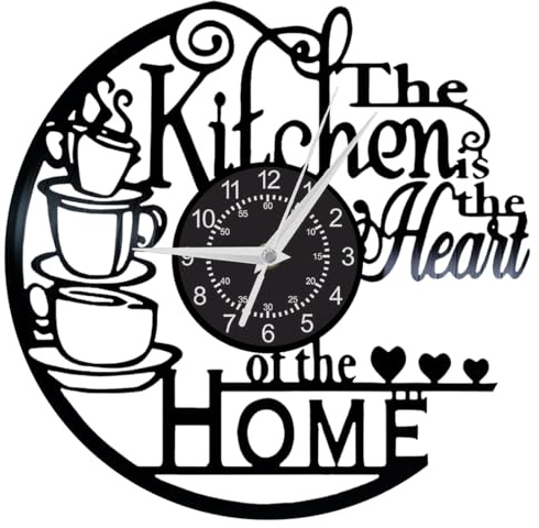 Vintage Vinyl Record Wall Clock, Unique Silent Kitchen Heart of Home Theme Clock, Coffee Bar Decor, Kitchen Living Room Decor, Christmas Valentine'S Day, New Year Gift for Women Wife (Without LED, C)